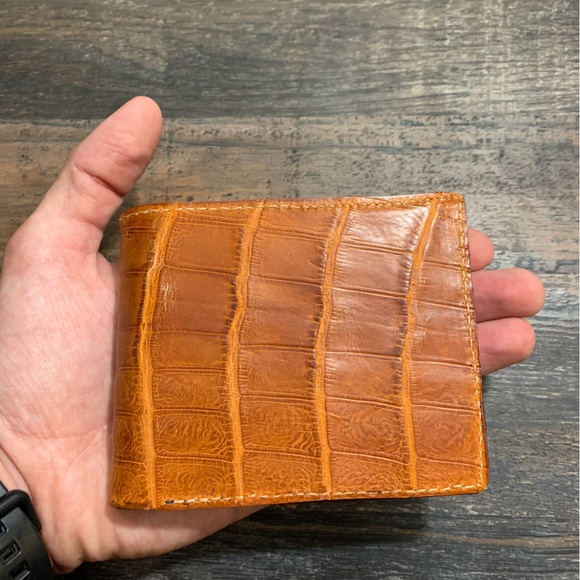 Authentic Alligator Skin Eel Lined Bifold Leather Wallet Cognac Made In USA - Picture 5 of 15